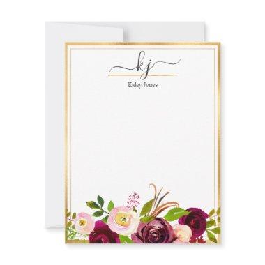 Burgundy Blush Pink Botanical Floral Monogram Note