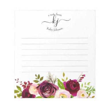 Burgundy Blush Pink Botanical Floral Monogram Notepad