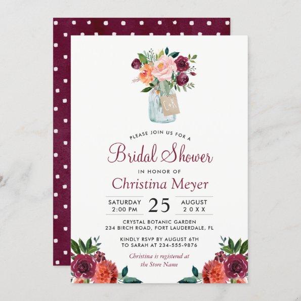 Burgundy Blush Pink Floral Mason Jar Bridal Shower Invitations