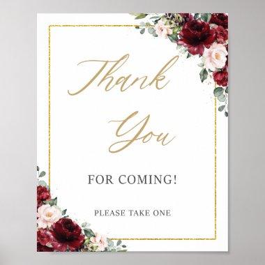 Burgundy Blush Pink Floral Thank You for Coming Poster