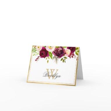 Burgundy Blush Pink Rose Floral Monogram Note