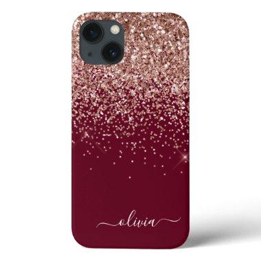 Burgundy Blush Pink Rose Gold Glitter Monogram Cas iPhone 13 Case