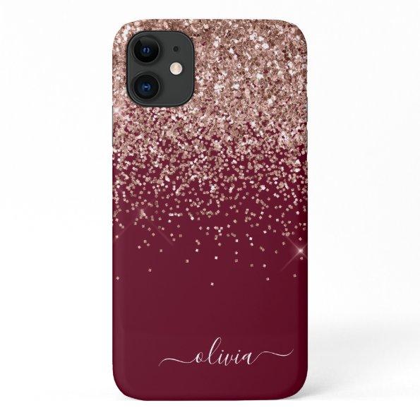 Burgundy Blush Pink Rose Gold Glitter Monogram iPhone 11 Case