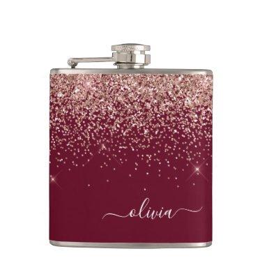 Burgundy Blush Pink Rose Gold Glitter Monogram Flask
