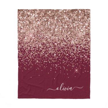 Burgundy Blush Pink Rose Gold Glitter Monogram Fleece Blanket