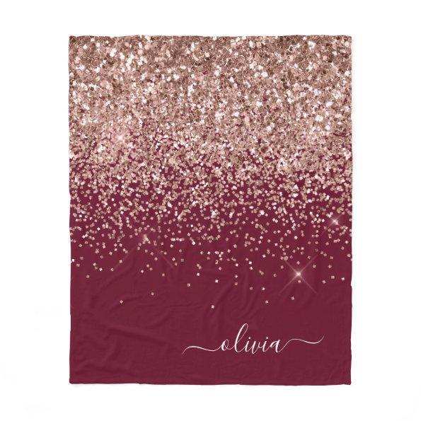 Burgundy Blush Pink Rose Gold Glitter Monogram Fleece Blanket