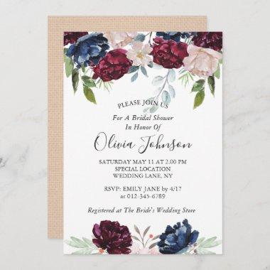 Burgundy Blush Rustic Burlap Floral Bridal Shower Invitations