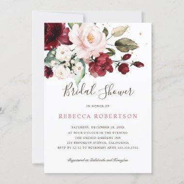 Burgundy Blush Watercolor Floral Bridal Shower Invitations
