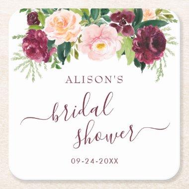 Burgundy Blush Watercolor Floral  Square Paper Coaster