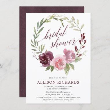 Burgundy blush wreath floral fall bridal shower Invitations