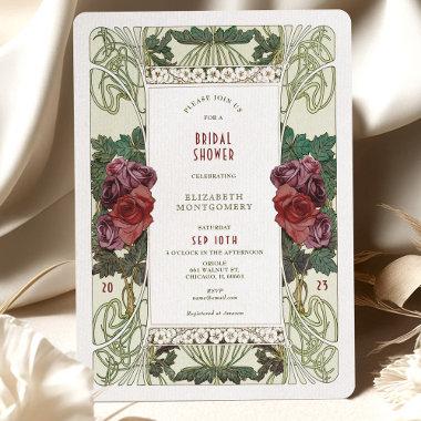 Burgundy Bridal Shower Invitations Art Nouveau Rose