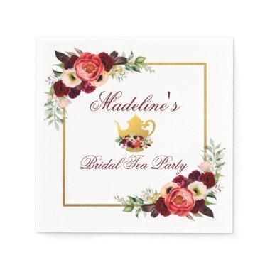 Burgundy Bridal Shower Tea Party Boho Floral Gold Napkins