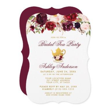 Burgundy Bridal Shower Tea Party Gold Invite BR