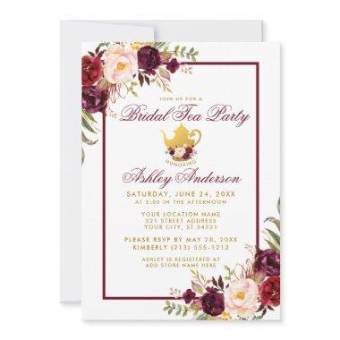 Burgundy Bridal Shower Tea Party Gold Invite FB