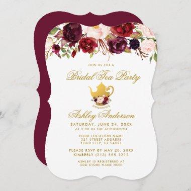 Burgundy Bridal Shower Tea Party Gold Invite GB