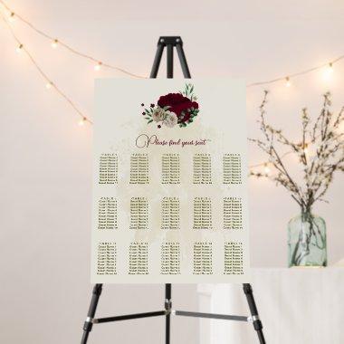 Burgundy champagne flowers wedding seating chart foam board