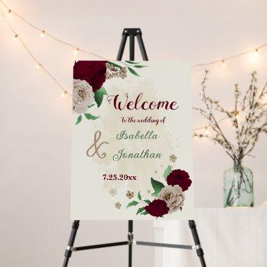 Burgundy champagne flowers wedding welcome sign
