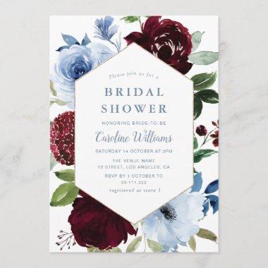burgundy dusty blue floral bridal shower Invitations
