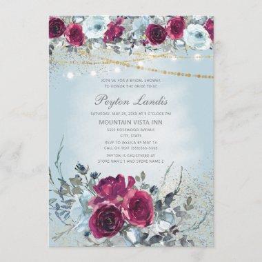 Burgundy Dusty Blue Floral Glitter Bridal Shower Invitations