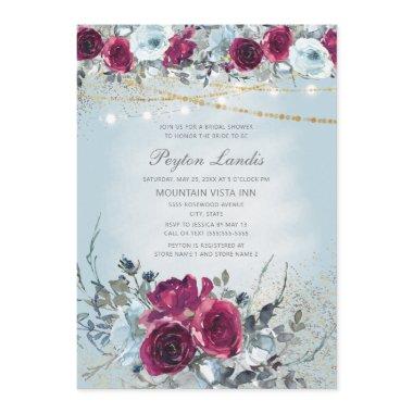 Burgundy Dusty Blue Floral Glitter Bridal Shower Invitations