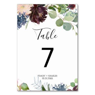 Burgundy Floral and Greenery Wedding Table Number