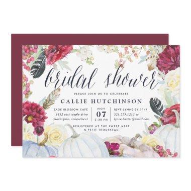 Burgundy Floral & Autumn Pumpkin Bridal Shower Invitations