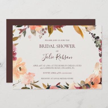 Burgundy Floral | Beige Horizontal Bridal Shower Invitations