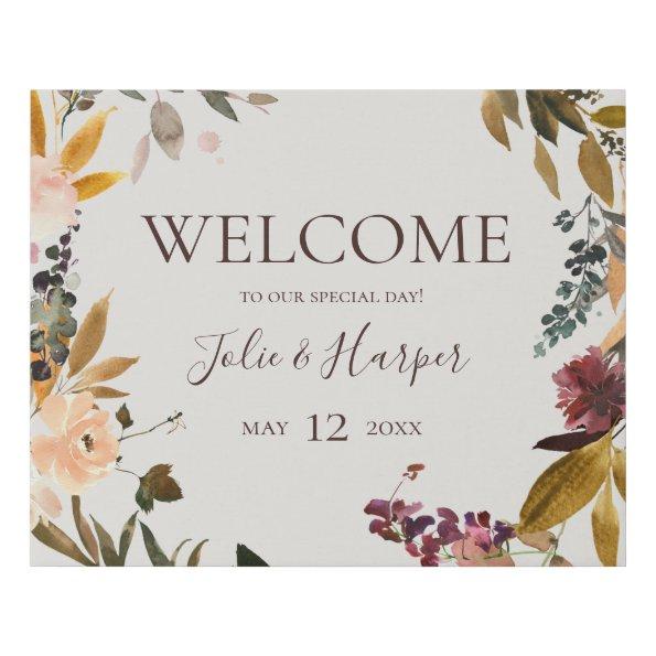 Burgundy Floral | Beige Welcome Faux Canvas Print