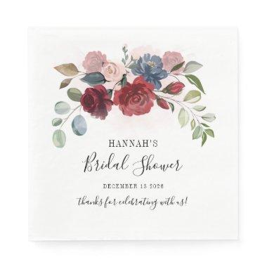 Burgundy Floral Blush Custom Bridal Shower Paper Napkins