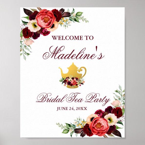 Burgundy Floral Boho Bridal Tea Party Welcome Poster