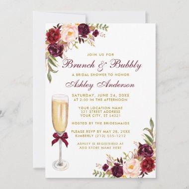 Burgundy Floral Bridal Shower Brunch Bubbly Gold Invitations