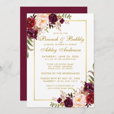 Burgundy Floral Bridal Shower Brunch Invite Gold