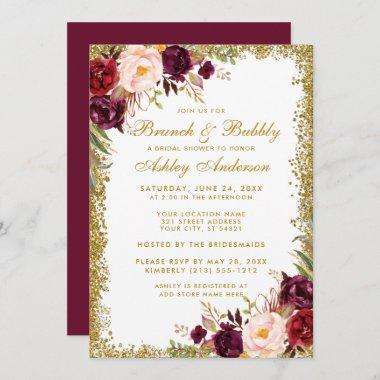 Burgundy Floral Bridal Shower Brunch Invite Gold G