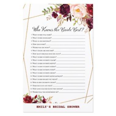 Burgundy Floral Bridal Shower Game, Wedding Shower