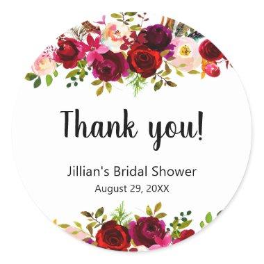 Burgundy Floral bridal shower thank you favor Classic Round Sticker