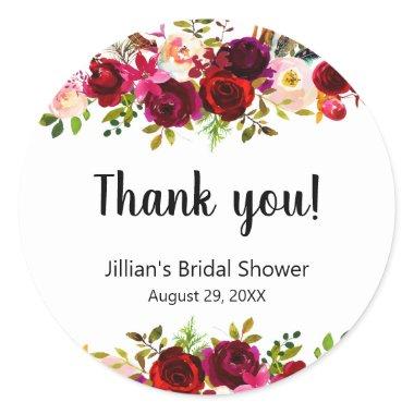 Burgundy Floral  thank you favor Classic Round Sticker