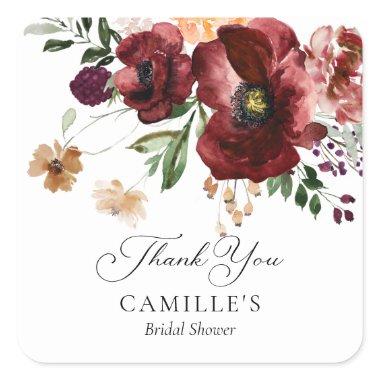 Burgundy Floral Bridal Shower Thank you Square Sticker