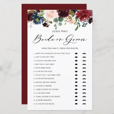 Burgundy Floral Bride or Groom Bridal Shower Game