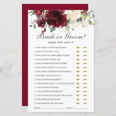 Burgundy Floral Bride or Groom Guess Who Said It