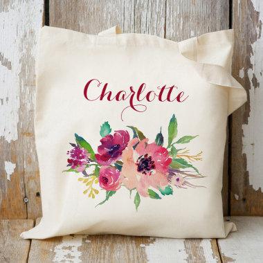 Burgundy Floral Bridesmaid Personalized Tote Bag