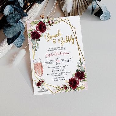 Burgundy Floral Brunch And Bubbly Bridal Shower Invitations