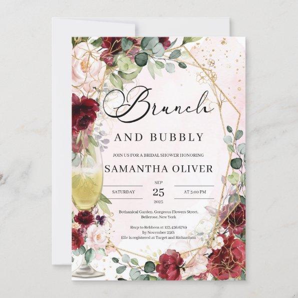 Burgundy floral champagne glass brunch and bubbly Invitations