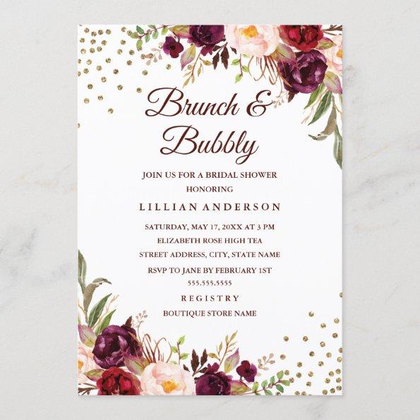 Burgundy Floral Confetti Brunch and Bubbly Shower Invitations
