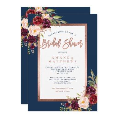 Burgundy Floral Copper Navy Blue Bridal Shower Invitations