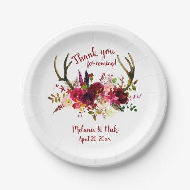 Burgundy floral deer antlers wedding decor paper plates