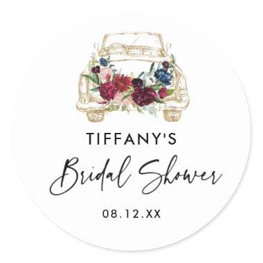 Burgundy Floral Drive By Bridal Shower Classic Round Sticker