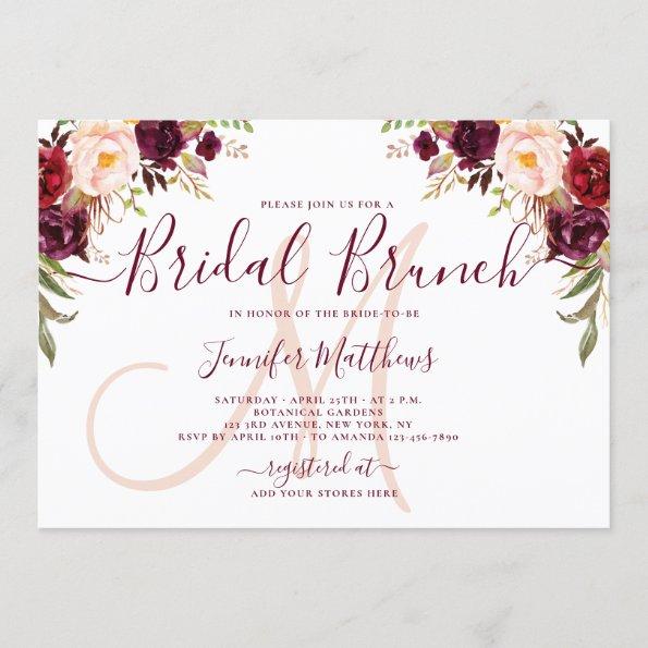 Burgundy Floral Elegant Monogram Bridal Brunch Invitations