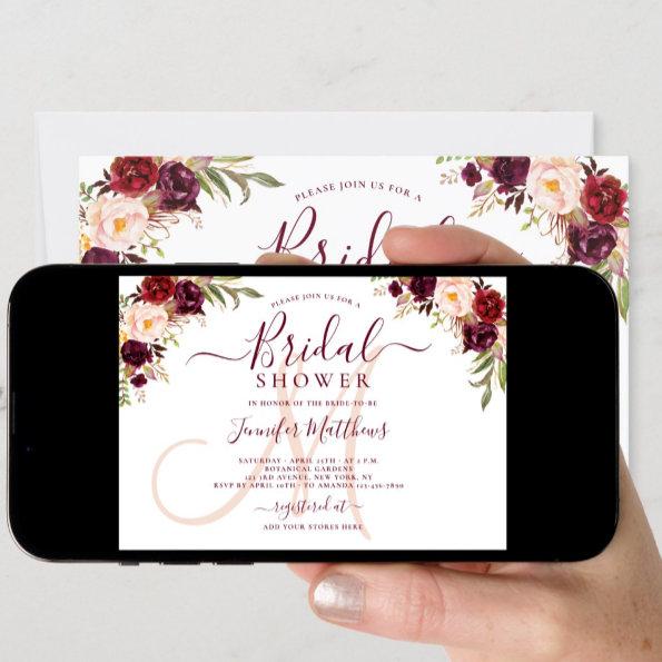 Burgundy Floral Elegant Monogram Bridal Shower Invitations