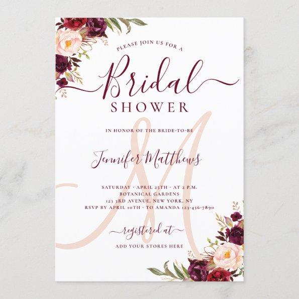Burgundy Floral Elegant Monogram Bridal Shower Invitations