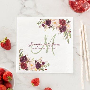 Burgundy Floral Elegant Monogram Rustic Wedding Na Paper Dinner Napkins